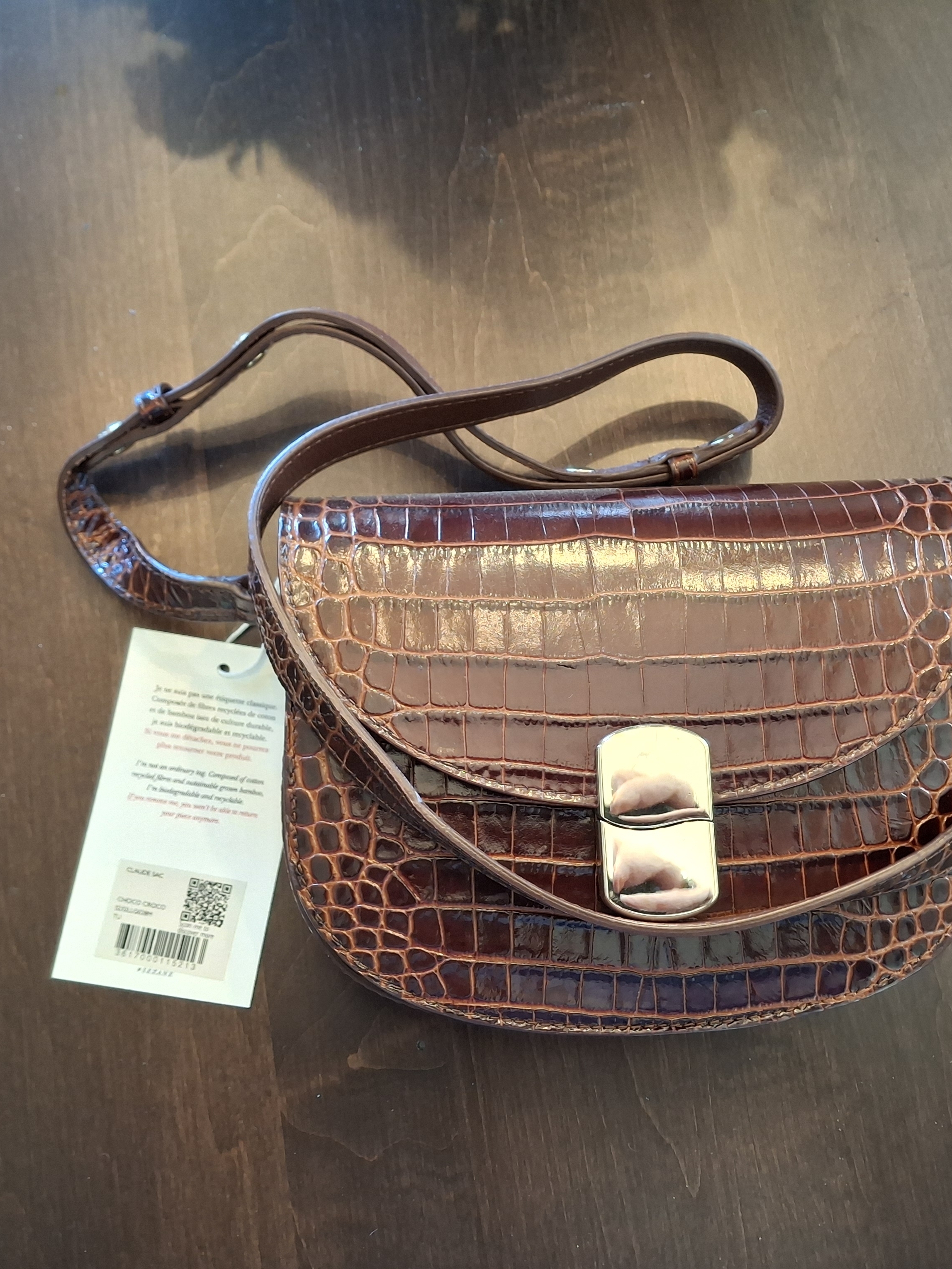 Sezane Claude Handbag In Chocolate Croc-Embossed Leather Nwt